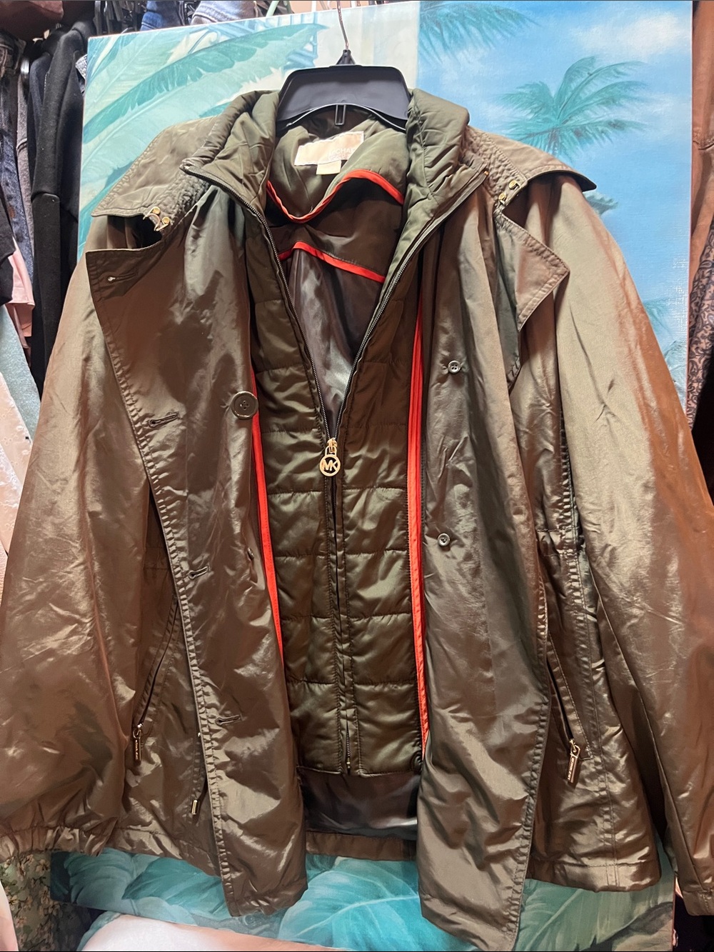 Michael Kors Olive Green Layered Raincoat with Red Trim size Large